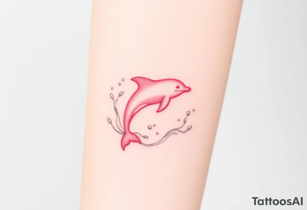 A pinky dolphin silhouette, surrounded by swirling white and silver water splashes tattoo idea