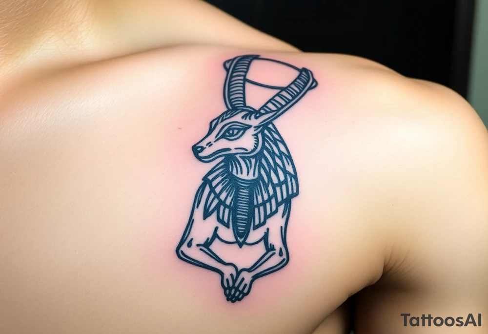 An Anubis with a Halo – Blending Egyptian mythology with Christian spirituality, symbolizing protection and righteousness. tattoo idea