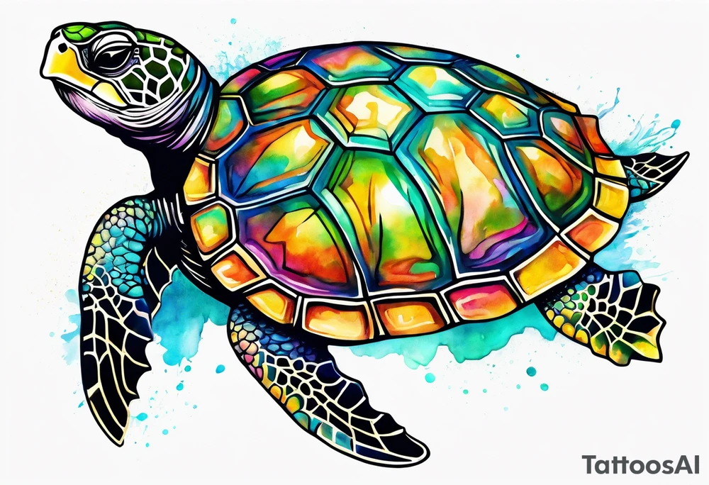 tropical psychedelic turtle, aerial view, from above, high perspective tattoo idea