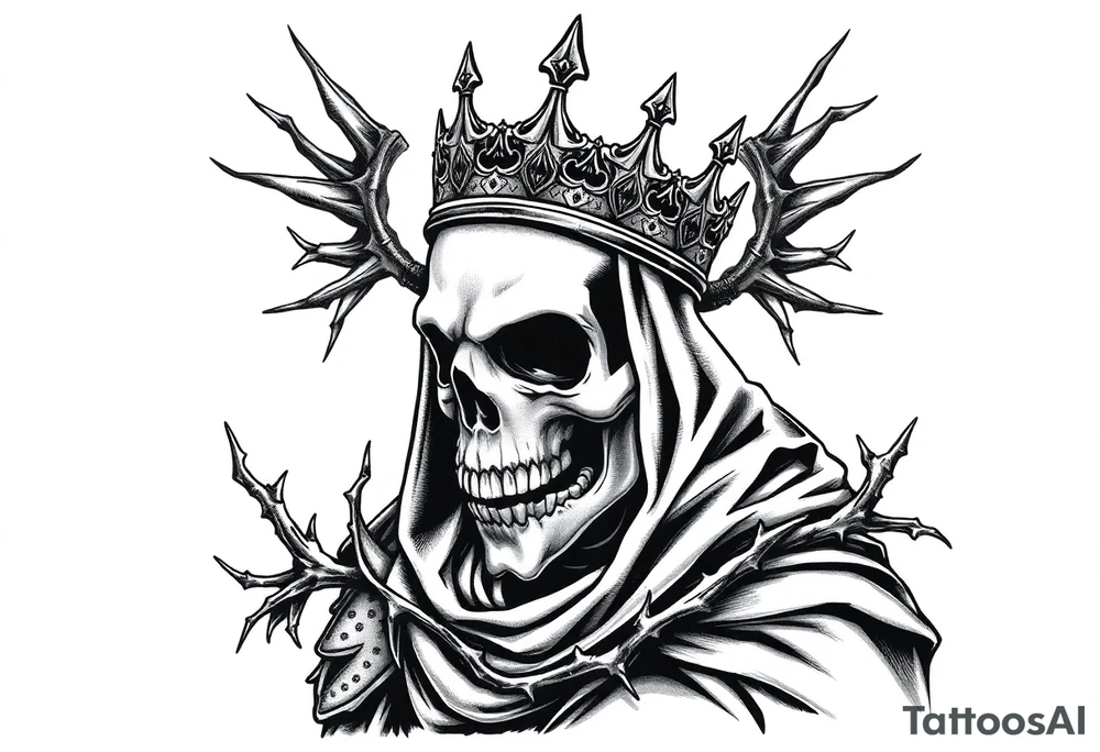 A crowned skeletal warrior, cloaked in shadows and thorns. tattoo idea