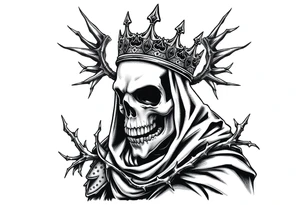 A crowned skeletal warrior, cloaked in shadows and thorns. tattoo idea