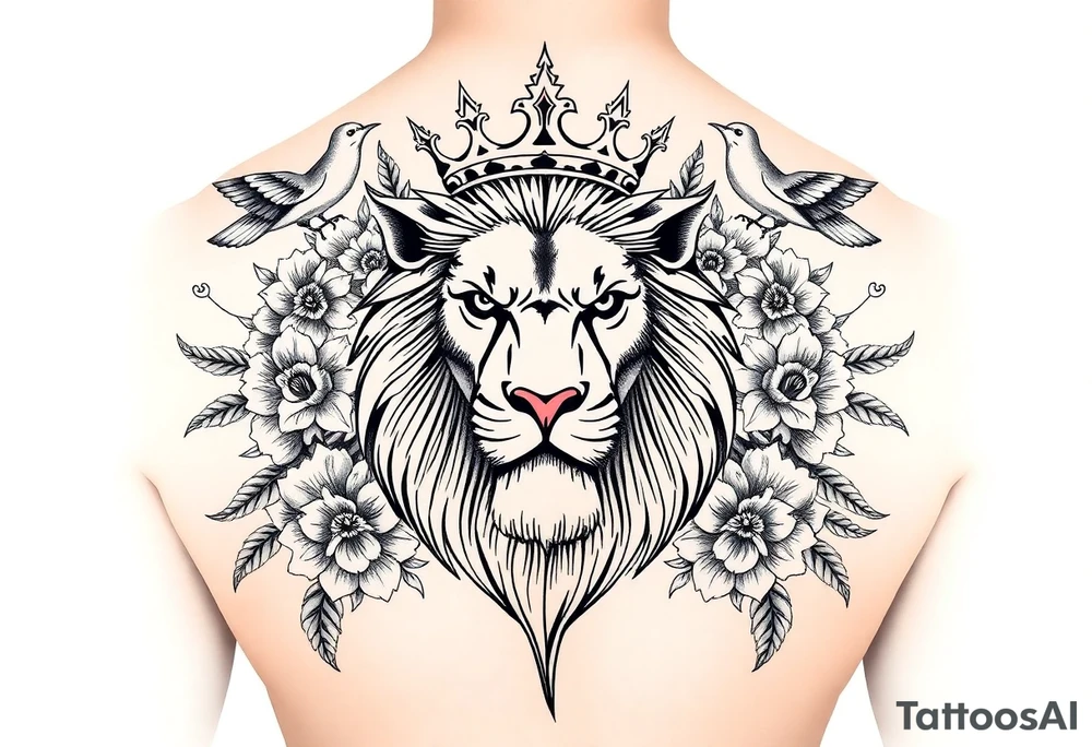 powerful majestic lion with a crown, surrounded by floral ornaments and birds tattoo idea