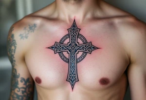 A Celtic cross with sharp, geometric edges, blending traditional design with modern minimalism. tattoo idea