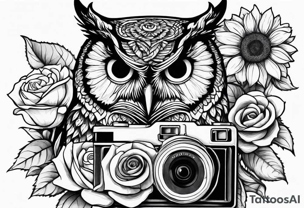 Sunflower, camera, book, owl, flower rose tattoo idea