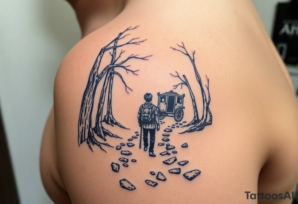 A boy walking up a forest path, DnD inspired, broken down carriage, tavern, glowing tunnel tattoo idea