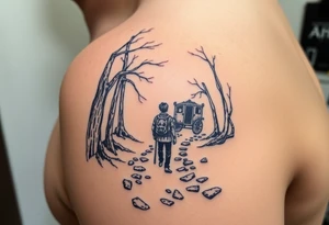 A boy walking up a forest path, DnD inspired, broken down carriage, tavern, glowing tunnel tattoo idea