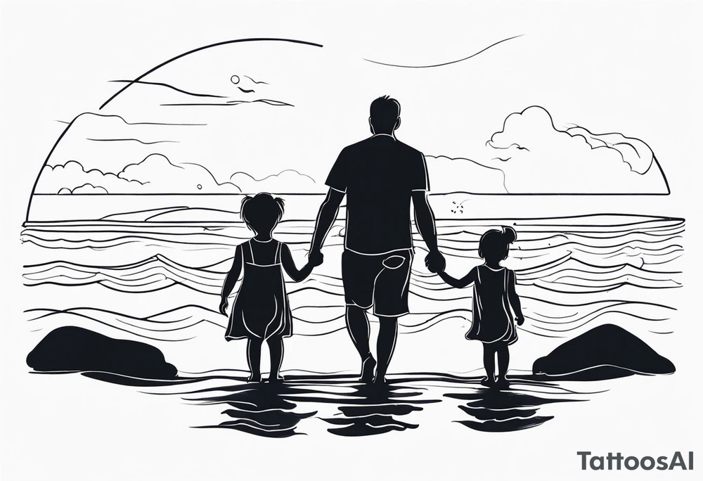 Single line tattoo of a dad and his two toddler daughters holding hands by the ocean tattoo idea