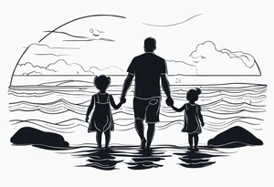 Single line tattoo of a dad and his two toddler daughters holding hands by the ocean tattoo idea