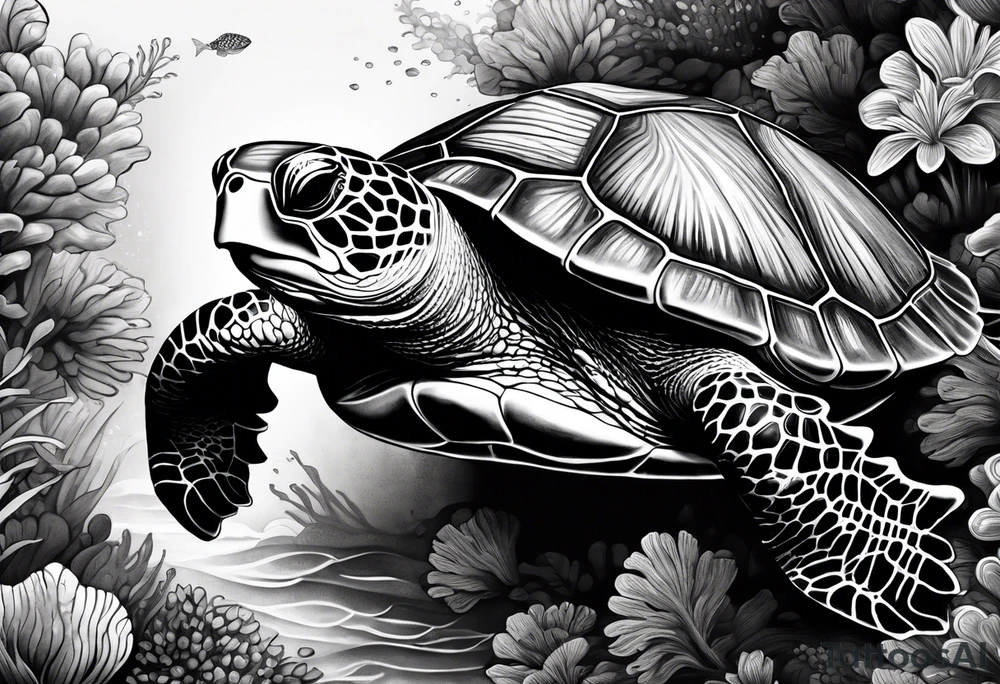 A serene turtle swimming underwater, detailed shell patterns visible, symbolizing patience and longevity.” tattoo idea