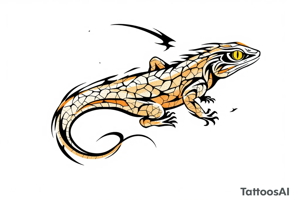 Tribal desert lizard with cracked earth texture – A sleek, agile lizard in motion, designed with tribal curves and sharp angles along its spine. Its skin mimics the pattern of sunbaked, cracked earth, blending tones of burnt orange, dusty brown, and charcoal black. The tail coils elegantly, forming a spiral, while the eyes gleam in golden yellow, symbolizing survival, transformation, and primal instincts. tattoo idea