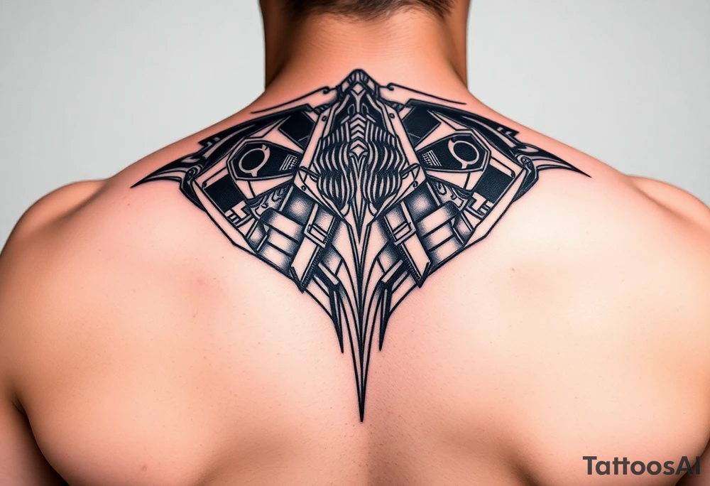a back tattoo that looks like an exhaust vent, make it look more futuristic tattoo idea