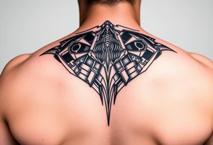 a back tattoo that looks like an exhaust vent, make it look more futuristic tattoo idea