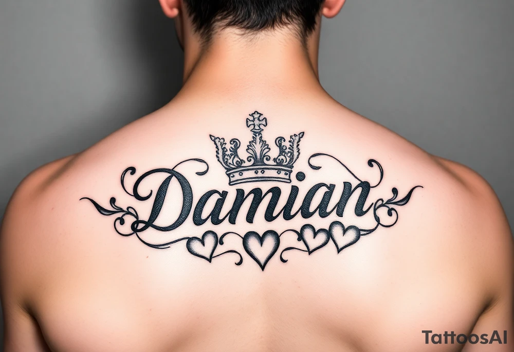Name Damian, with crown, and hearts tattoo idea