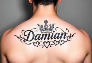 Name Damian, with crown, and hearts tattoo idea