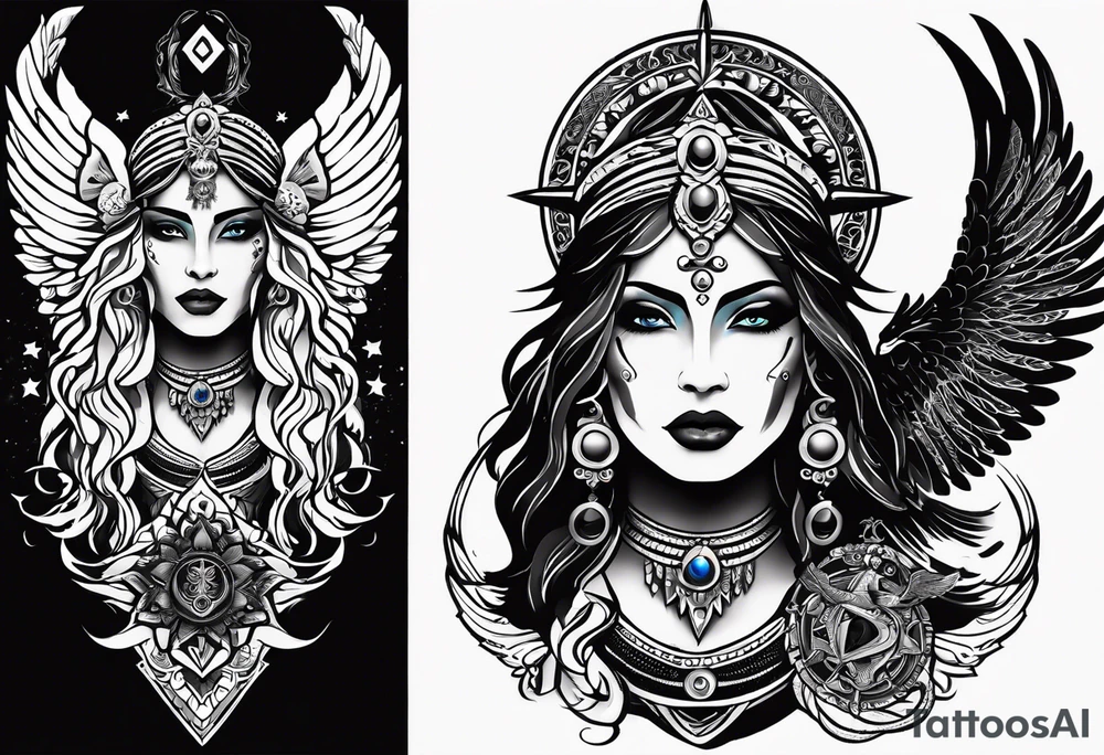 black kali, goddess pirate, alien, angel, pachamama, valkrye, warrior, flying, skull, lotus azul, wing, eagle, zenza resonance, stars, 5D, anahata chakra tattoo idea