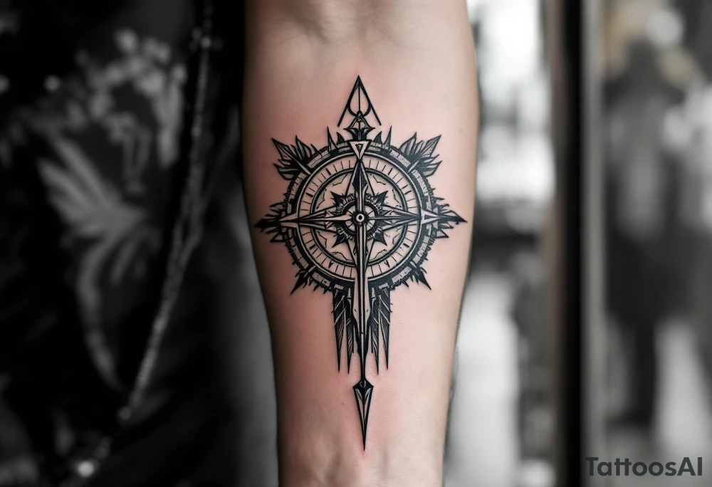 steampunk half compass half clock with a long native American arrow pointing at my wrist and saying "Isaiah 40:31" tattoo idea