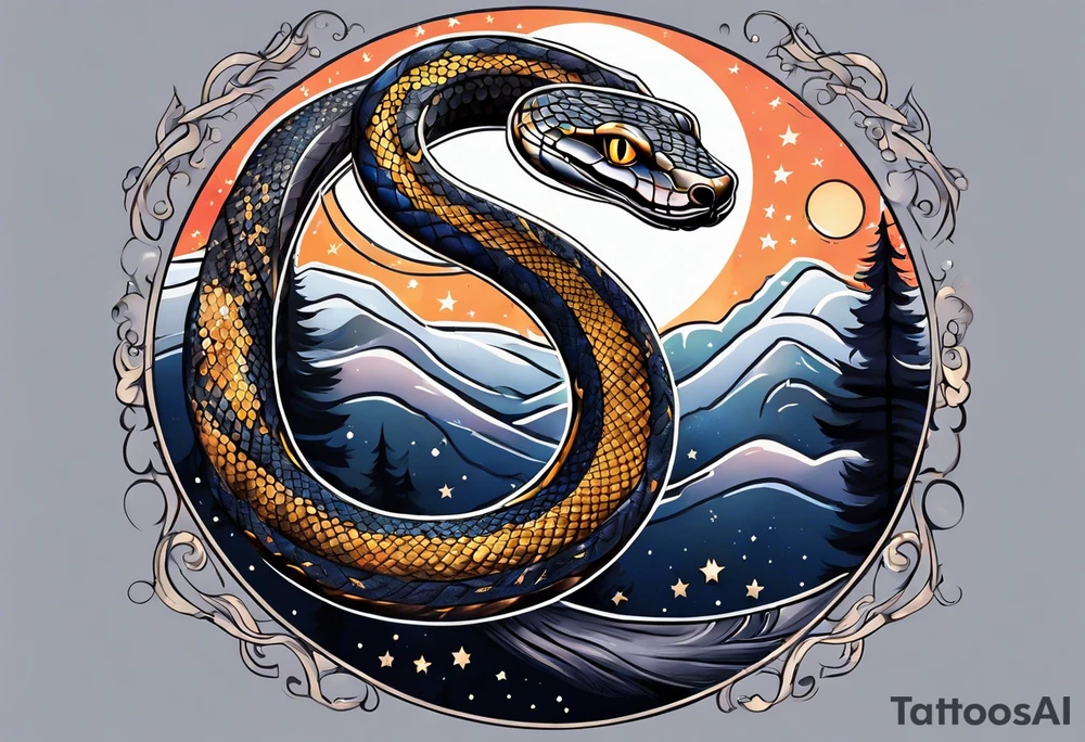 A snake wraps the moon in the night sky tattoo idea