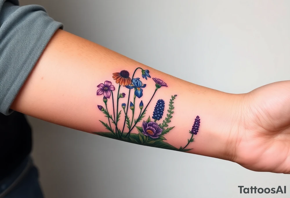 a bunch of cutleaf coneflower, blue flag iris, bee balm, obedient plant, purple coneflower on a hill with grass with a beautiful sunset tattoo idea