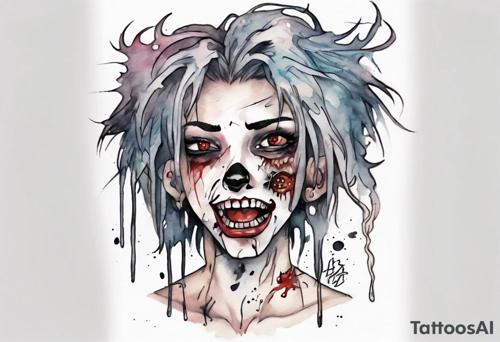 a pale biped with messy hair, black eyes, and mouth full of broken teeth tattoo idea