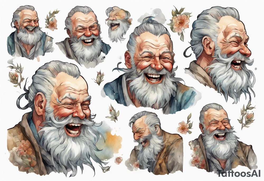 full portrait a large Bavarian man with a grey beard laughing tattoo idea