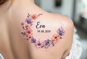 Small tattoo Eva 14. 08. 2019 – Lavender and soft peach blooms encircling Eva's birthdate, with silver glitter accents sprinkled throughout. tattoo idea