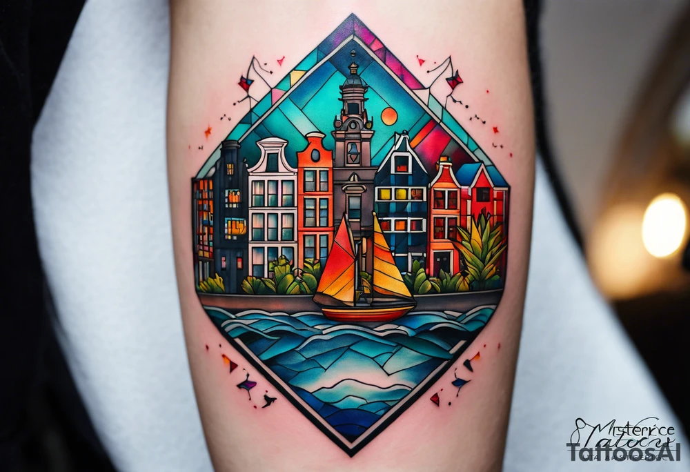 Tattoo of animals made from glass in Amsterdam featuring Amsterdam buildings and canal in galaxy colours featuring pineapples and birds tattoo idea