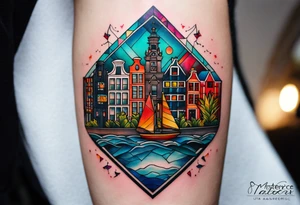 Tattoo of animals made from glass in Amsterdam featuring Amsterdam buildings and canal in galaxy colours featuring pineapples and birds tattoo idea