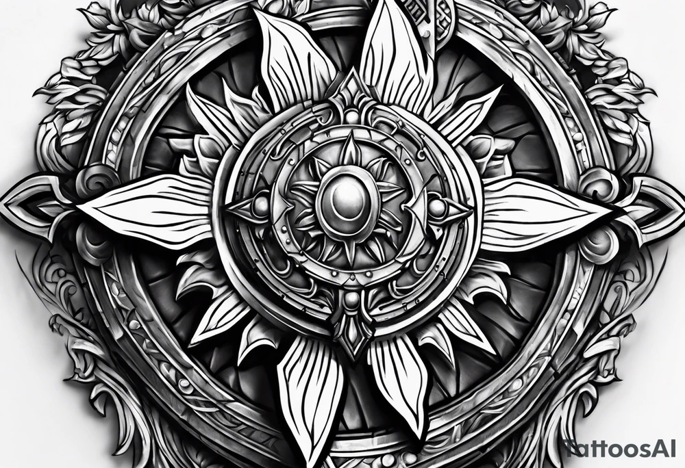 pauldron armor piece with a cross in the center and a sun on the side tattoo idea