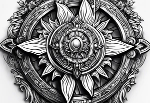 pauldron armor piece with a cross in the center and a sun on the side tattoo idea