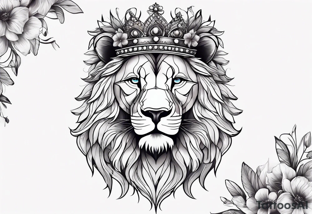 African lion covered in lilies butterflies crown main made of feathers tattoo idea