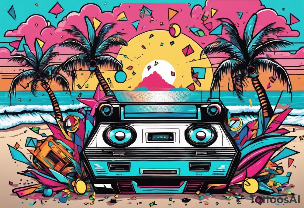 1980's style dance party with boom box and confetti in a beach theme. do not include cars tattoo idea