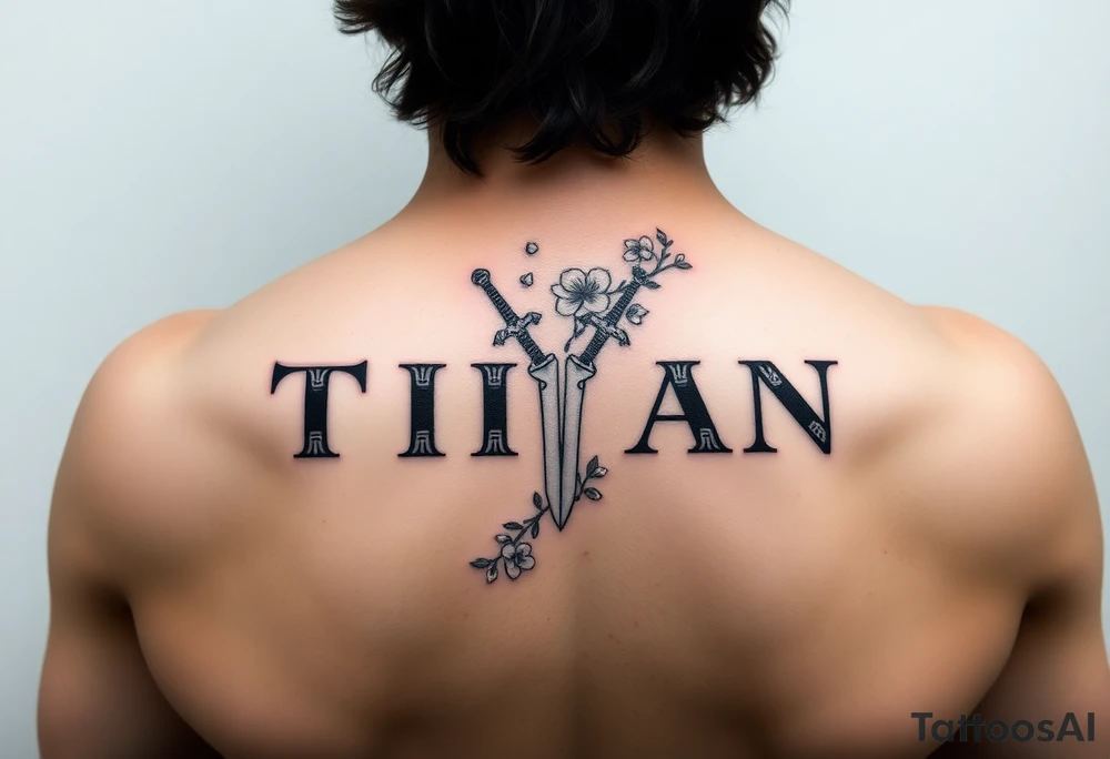Name ‘Titan’ with birthday, Greek mythology inspired font with mini swords the T in Titan is a sword with cherry blossoms flowers in the background of the tattoo tattoo idea