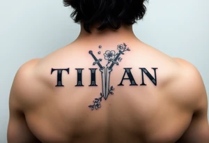 Name ‘Titan’ with birthday, Greek mythology inspired font with mini swords the T in Titan is a sword with cherry blossoms flowers in the background of the tattoo tattoo idea