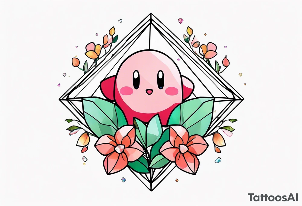 kirby with flowers inside a diamond-shaped crystal tattoo idea