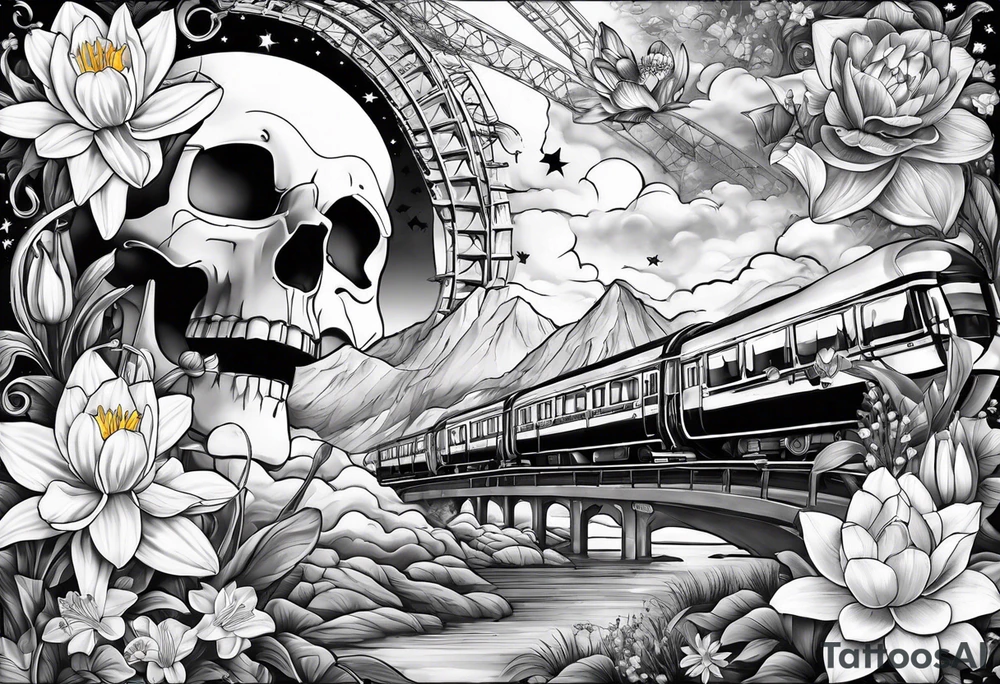 sleeve tattoo including science, skulls, roller coaster track, space and stars, water lily, daffodil, lily of the valley tattoo idea