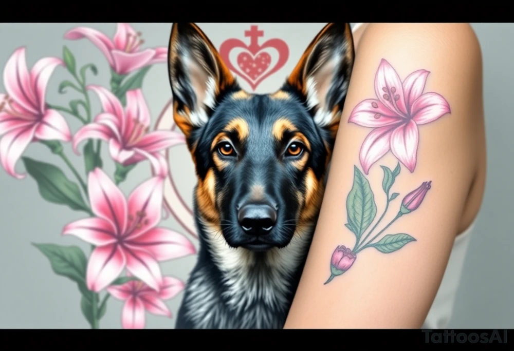 short haired german shepherd with alert ears looking protective surrounded by pink lilies with large leaves in front of a sacred heart tattoo idea