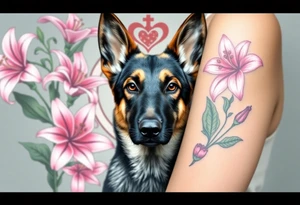 short haired german shepherd with alert ears looking protective surrounded by pink lilies with large leaves in front of a sacred heart tattoo idea