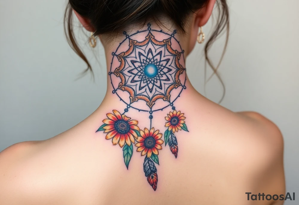 Dreamcatcher with zodiac symbols and protection runes caught in it with tigerlillies roses and sunflowers tattoo idea