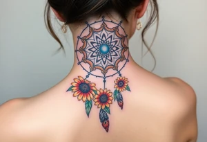 Dreamcatcher with zodiac symbols and protection runes caught in it with tigerlillies roses and sunflowers tattoo idea