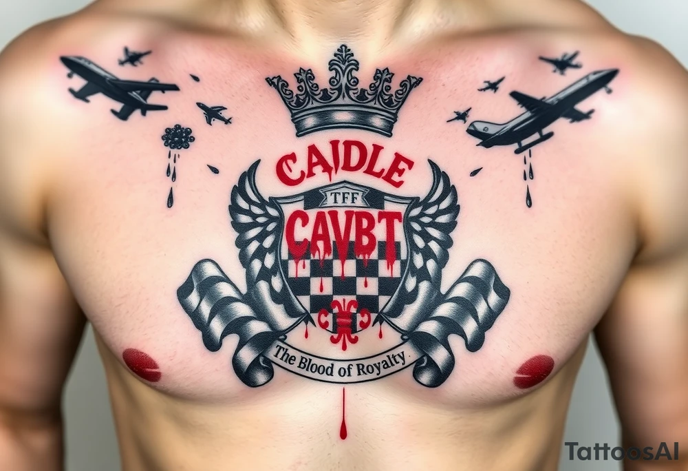 Men Doom Crest  with A Giant King Crown, CAUDLE written inside red, a chessboard, blood splatter on top of two  racing flags & OTF inside, The Words The Blood Of Royalty in red underneath the crest & 🌍 symbol in red outside of the crest, And raining blood drops, Jets/Airplanes/Helicopters/explosives flying above tattoo idea