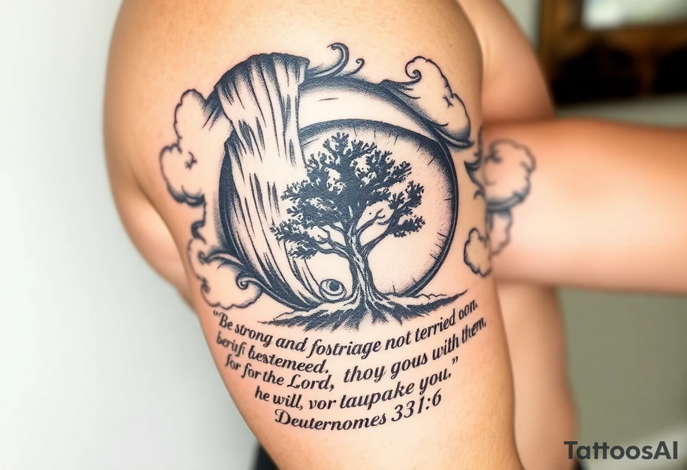 Realistic Eyeball with waterfall flowing out of it and under have a tree and under that have the verse Be strong and courageous. Do not be afraid or terrified
because of them, for the Lord your God goes with you; he will never leave you nor forsake you." Deuteronomy 31:6  and clouds around the tattoo tattoo idea