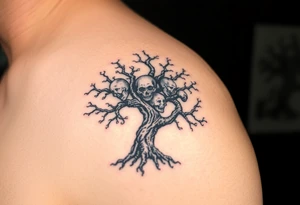 A haunted, twisted tree with ghostly faces in the branches, in deep black and grey tones, symbolizing the dark side of nature tattoo idea