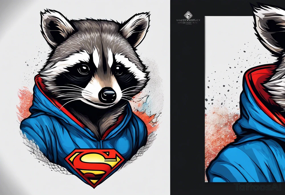 raccoon wearing a Superman hoodie tattoo idea