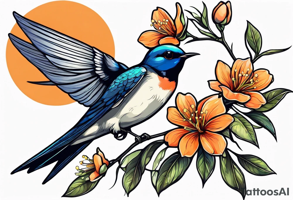 swallow sitting on an orange blossom branch with its wings open tattoo idea
