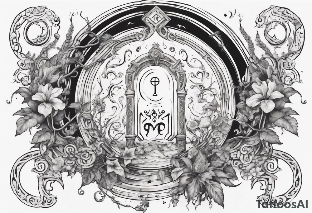 an intricate keyhole surrounded by elements like vines, flowers, and celestial symbols. Inside the keyhole, incorporate personal symbols or imagery that hold significance to the individual. tattoo idea