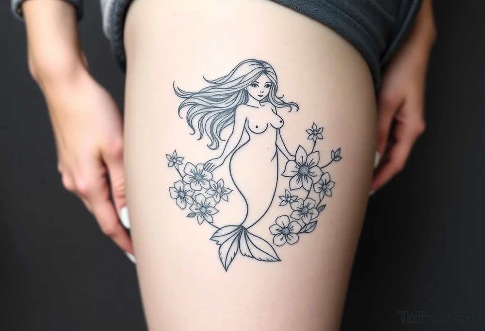 ethereal mermaid with flowing hair among coral and sea flowers tattoo idea