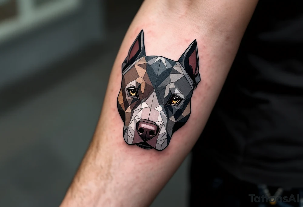 Geometric pitbull head design, sharp black lines, divided into sections with shades of gray, deep brown, and white. tattoo idea