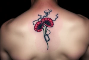 army inspired loss of friends, 2 red poppy’s, and smoke with dog tags in a field of fire tattoo idea