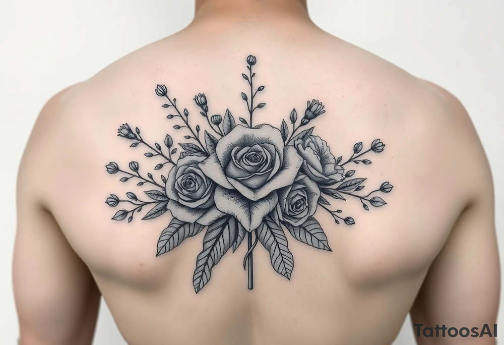 vintage bouquet of wild roses and meadow flowers with morning dew tattoo idea