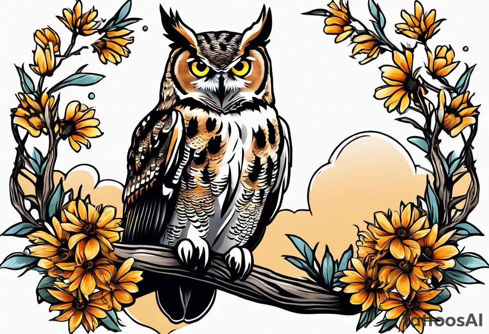 Great horned owl on a branch with coneflowers surrounding tattoo idea